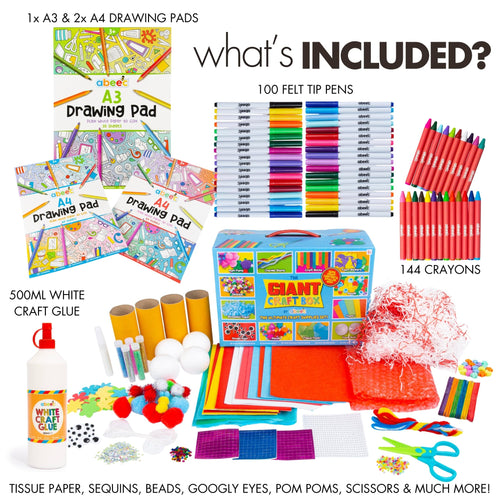 what's included in bundle 144 crayons, 100 felt tips, drawing pads, craft glue and Giant Craft Box contents