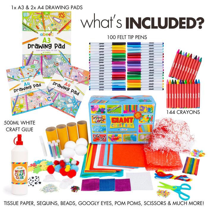 what's included in bundle 144 crayons, 100 felt tips, drawing pads, craft glue and Giant Craft Box contents