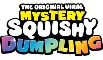 The Original Viral Mystery Squishy Dumpling text graphic on a white background, featuring bold yellow, white, and rainbow-colored lettering with black outlines.