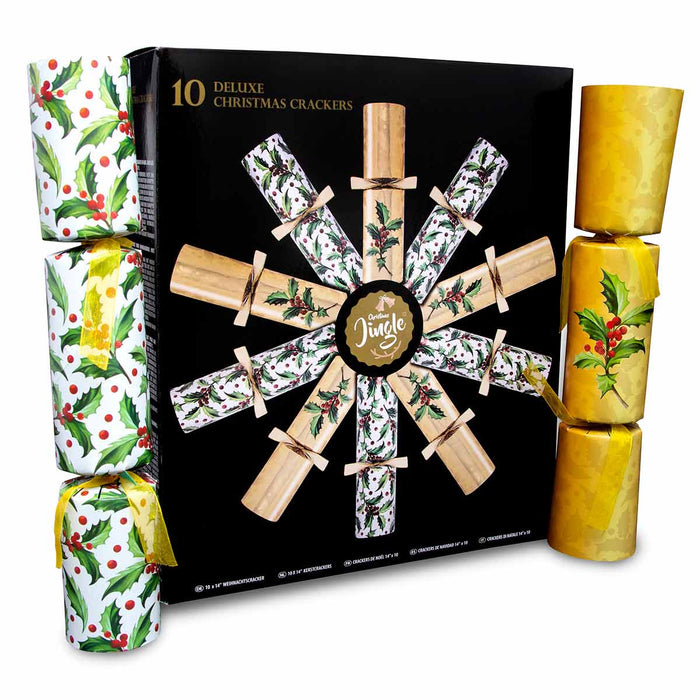 10 Deluxe Christmas Crackers In Gold & White Holly Design