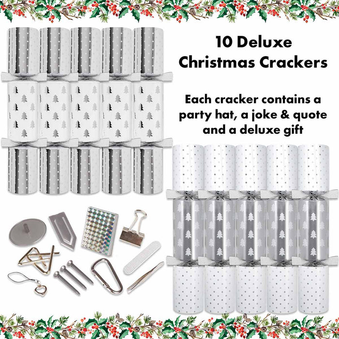 10 Deluxe Christmas Crackers In Silver & White Design