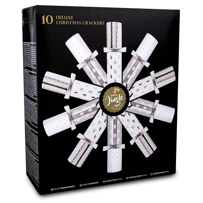10 Deluxe Christmas Crackers In Silver & White Design