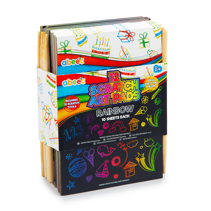 12 Pack Of Rainbow Scratch Art Pads With Scratch Tools