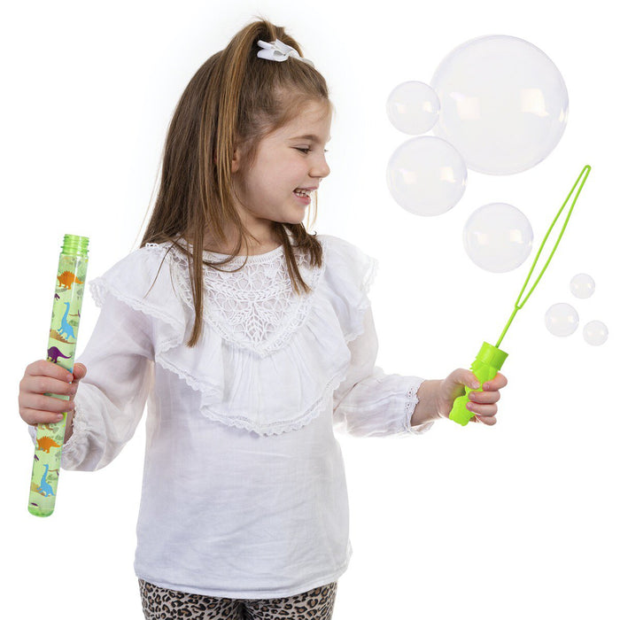 girl playing with dinosaur bubble swords