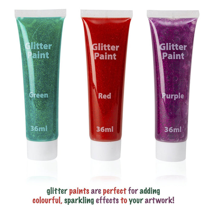 three colours of glitter paint in green, red and purple