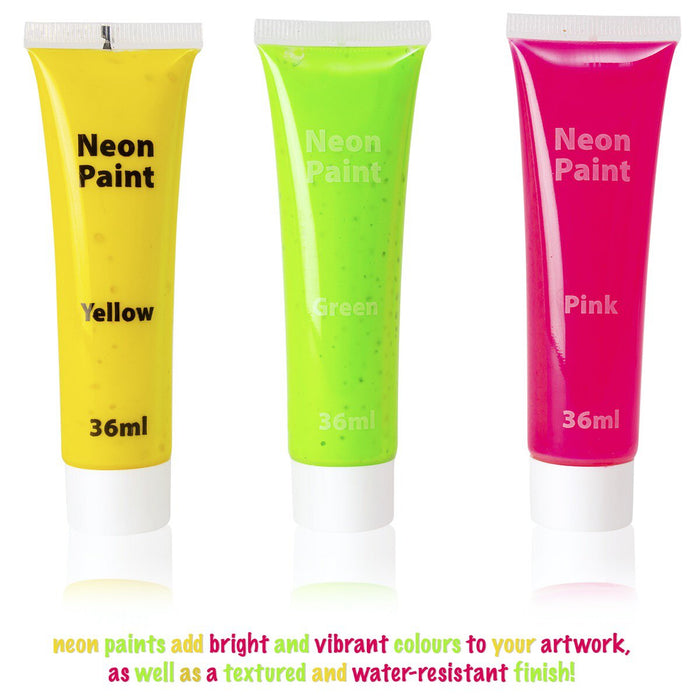 three colours of neon paint in yellow green and pink