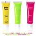three colours of neon paint in yellow green and pink