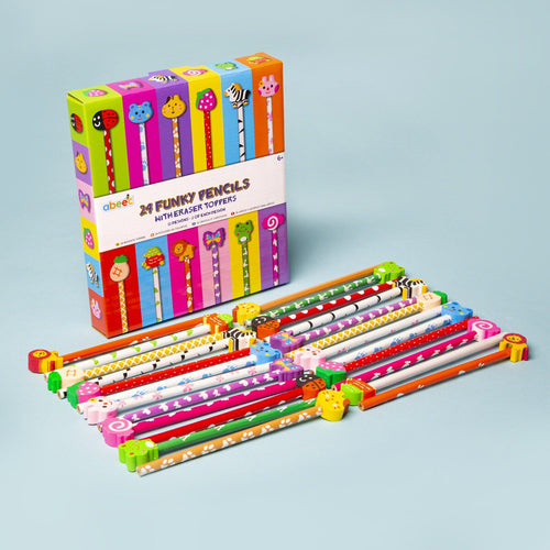 24 funky pencils with eraser toppers packaging and contents