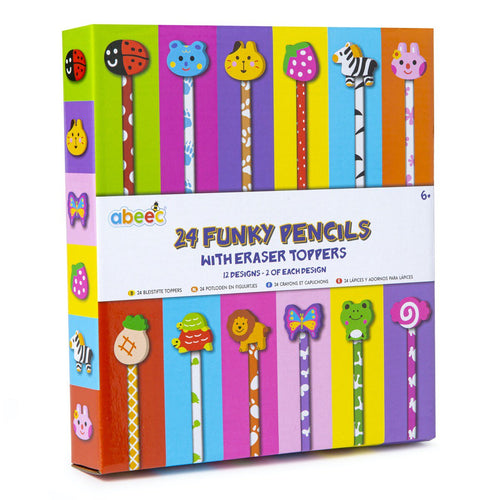 24 funky pencils with eraser toppers packaging
