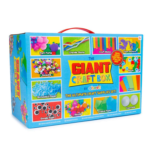 A colorful Giant Craft Box from abeec, featuring various crafting materials displayed on the box and a sturdy cardboard box with handle.