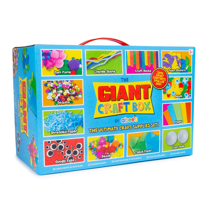 A colorful Giant Craft Box from abeec, featuring various crafting materials displayed on the box and a sturdy cardboard box with handle.