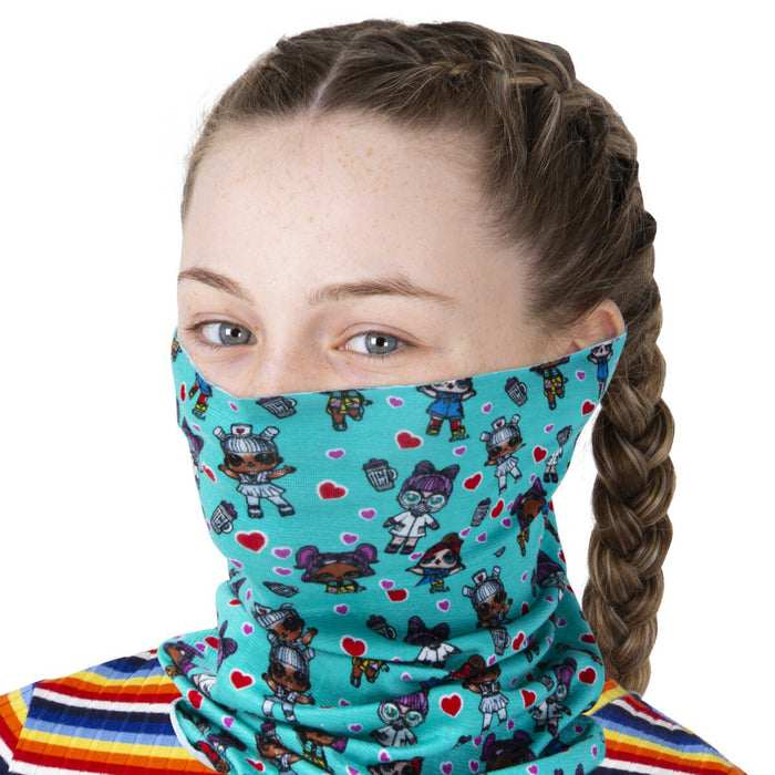 girl wearing lol surprise care pack teal face cover